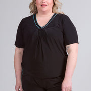 Magna V-Ausschnitt Flowy Tape Shirt Schwarz/Hellpetrol