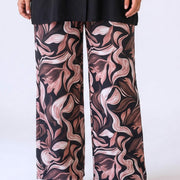 Magna Wide Leg Elastische Broek Bruin Vloeiend Patroon