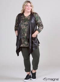 Magna Leather Look Sleeveless Long Vest with Pockets Black