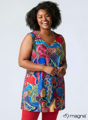 Magna A-line Sleevless Tunic Red Blue Tribal Art