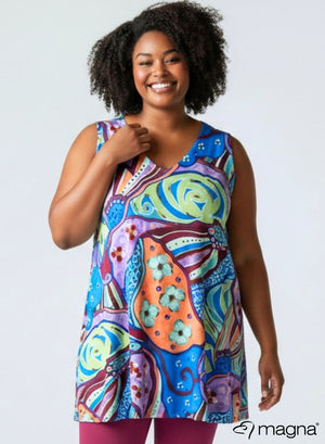 Magna A-line Sleevless Tunic Orange Blue Flower Art