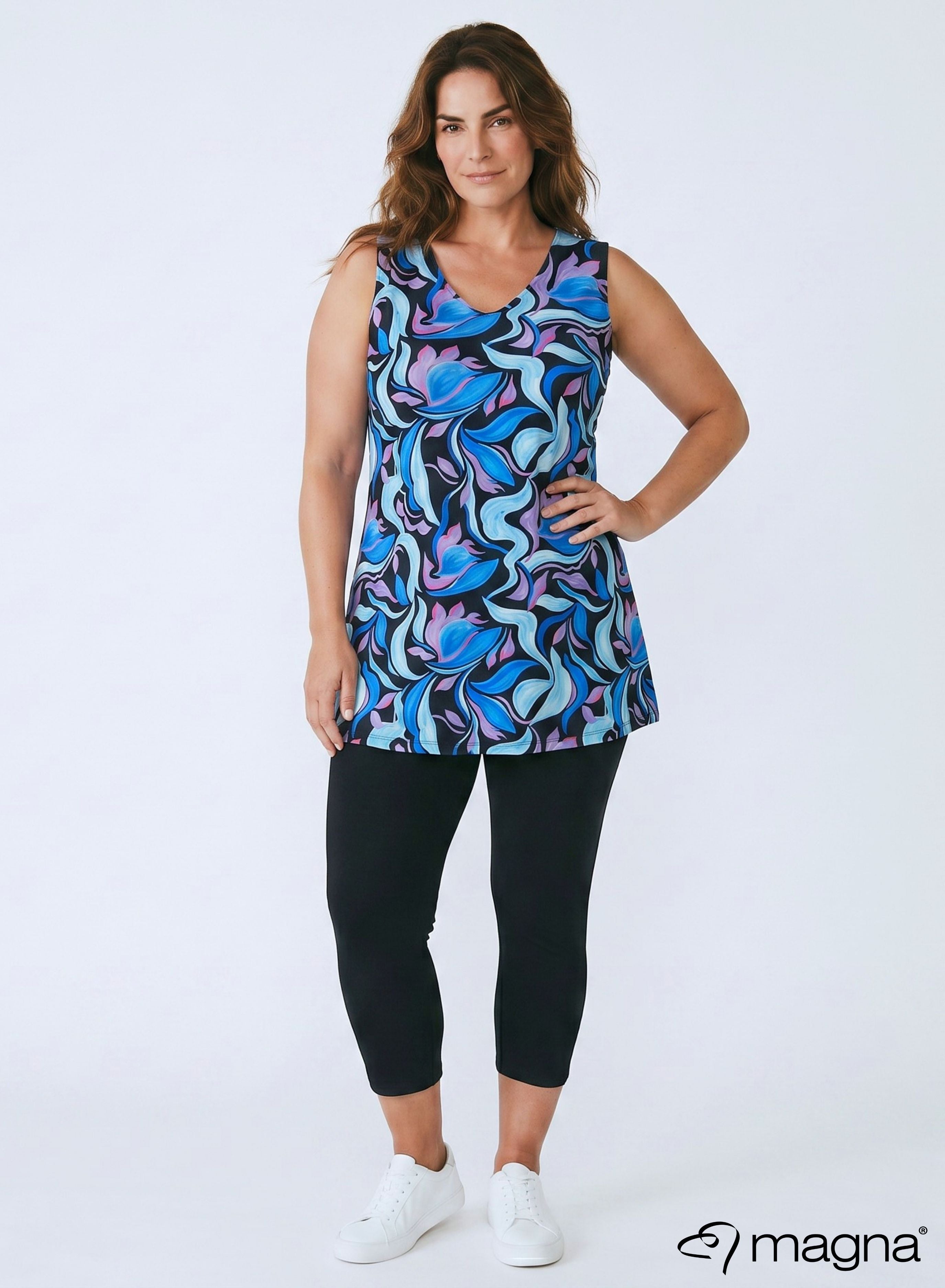 Magna A-line Sleevless Tunic Aqua Flowing Pattern