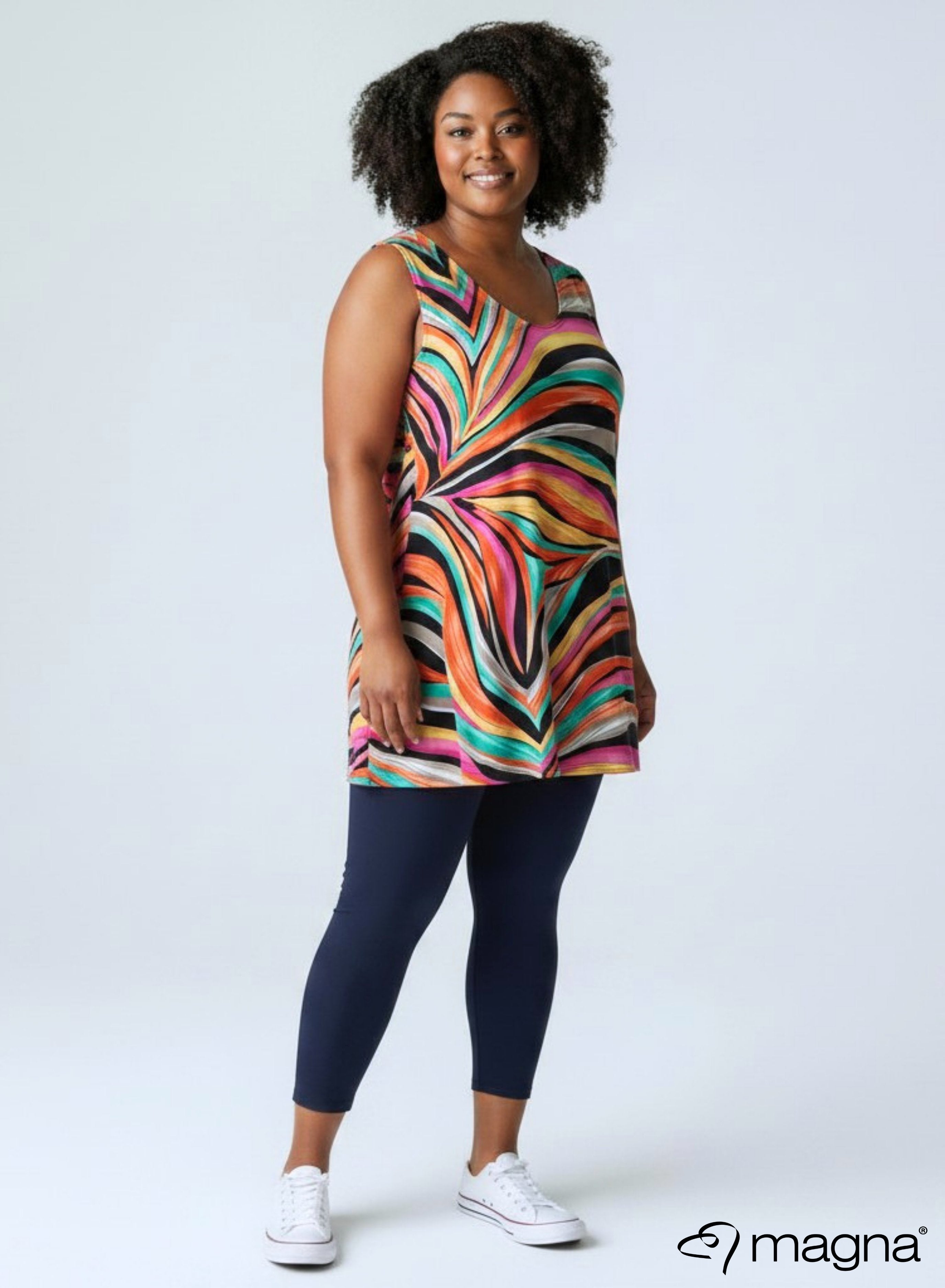 Magna A-line Sleevless Tunic Orange Rainbow Print