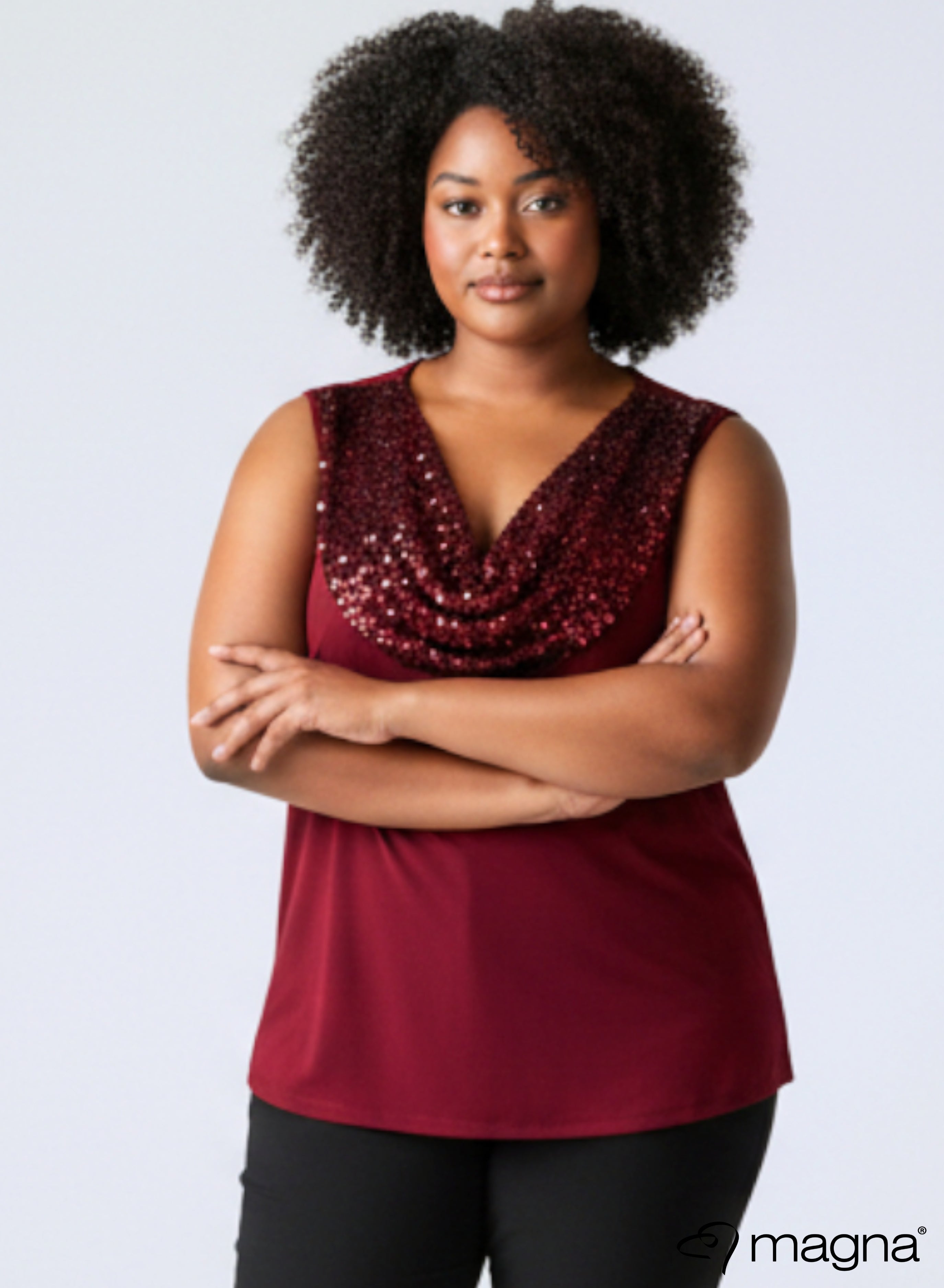 Magna Glitter Sequin Waterfall Top Wine Red