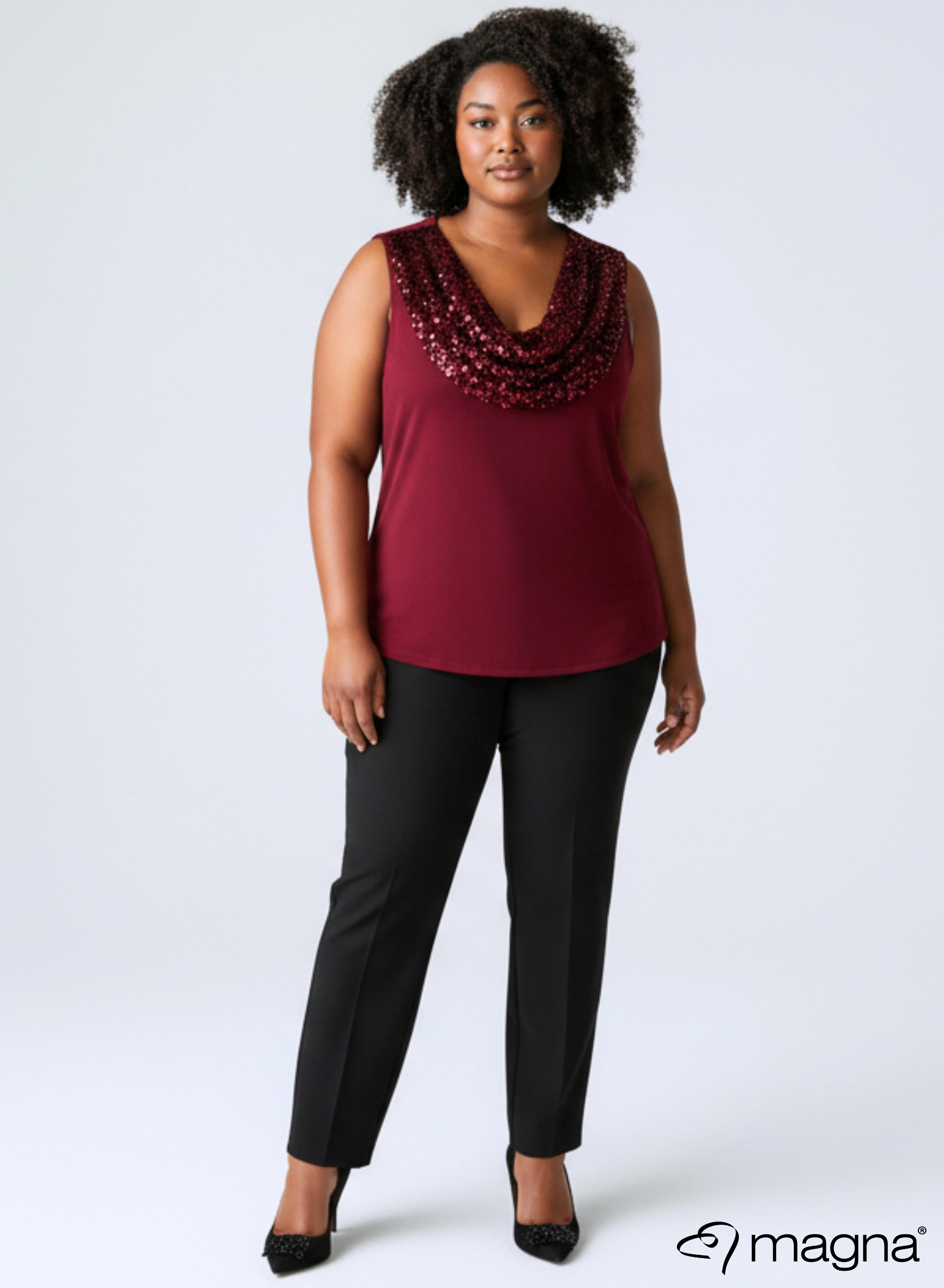 Magna Glitter Sequin Waterfall Top Wine Red