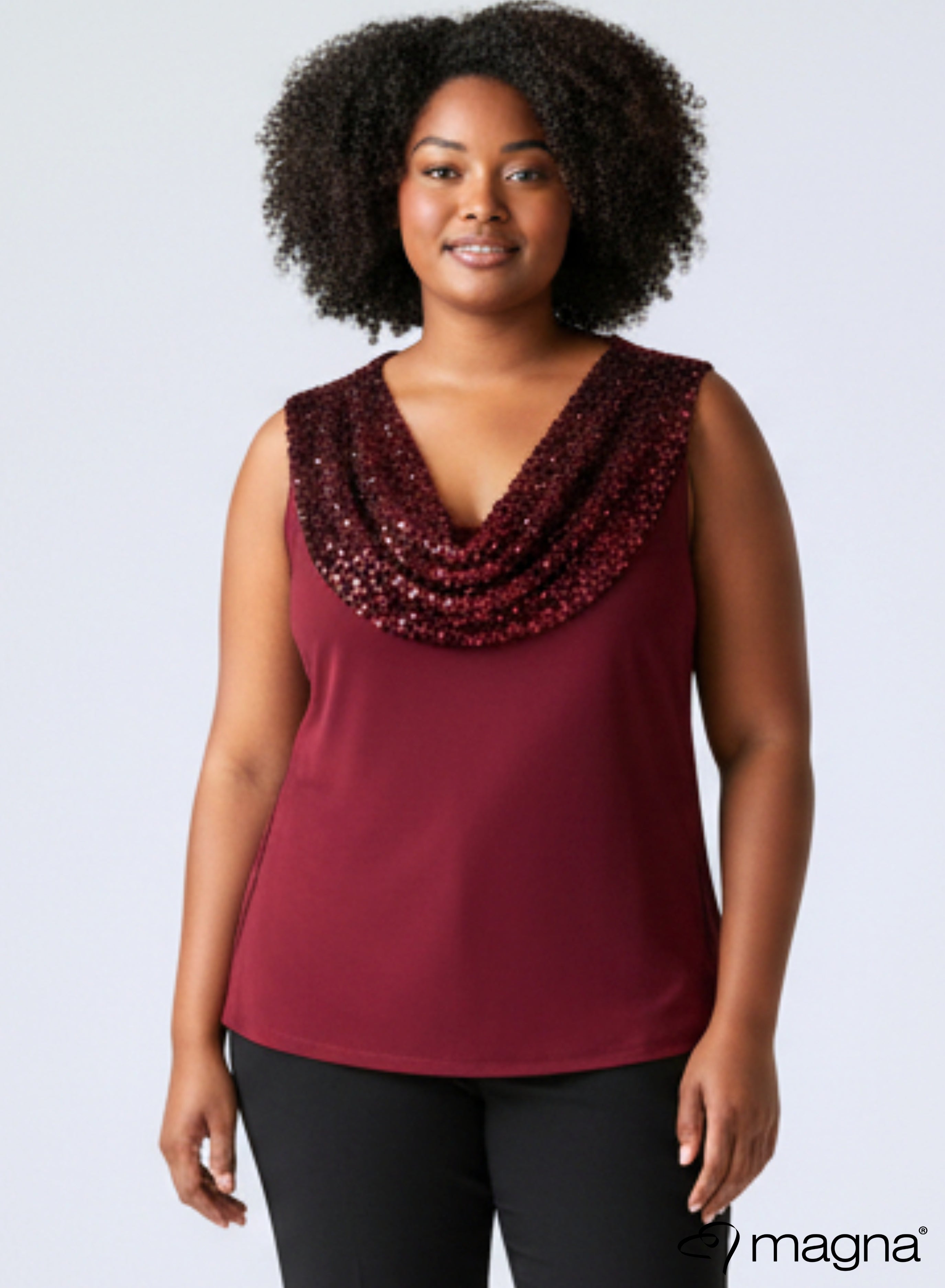 Magna Glitter Sequin Waterfall Top Wine Red