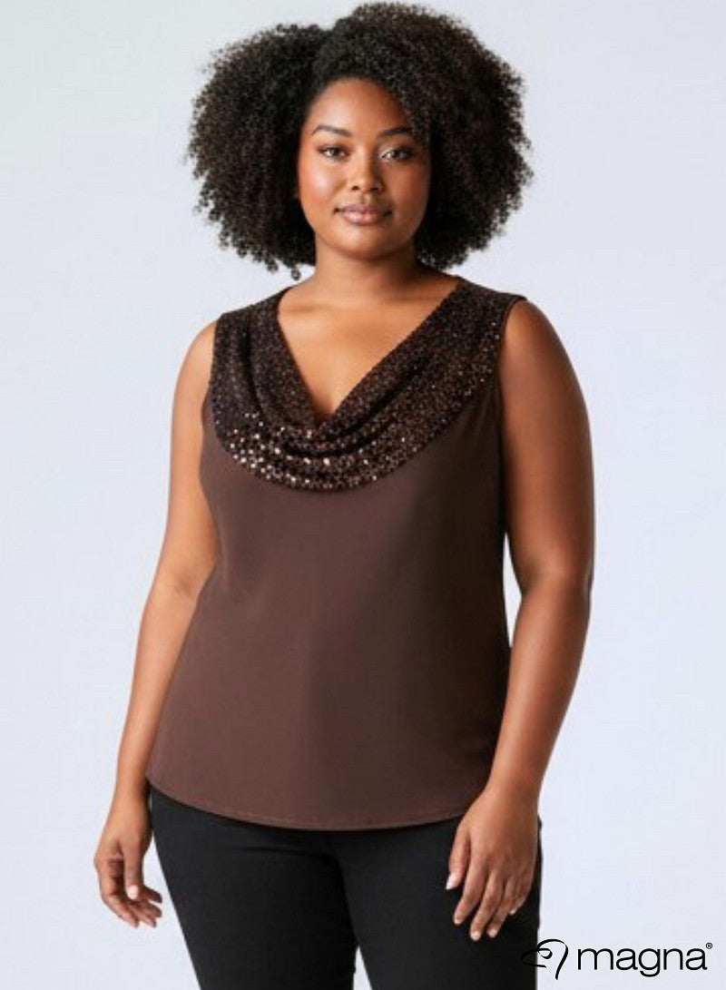 Magna Glitter Sequin Waterfall Top Brown
