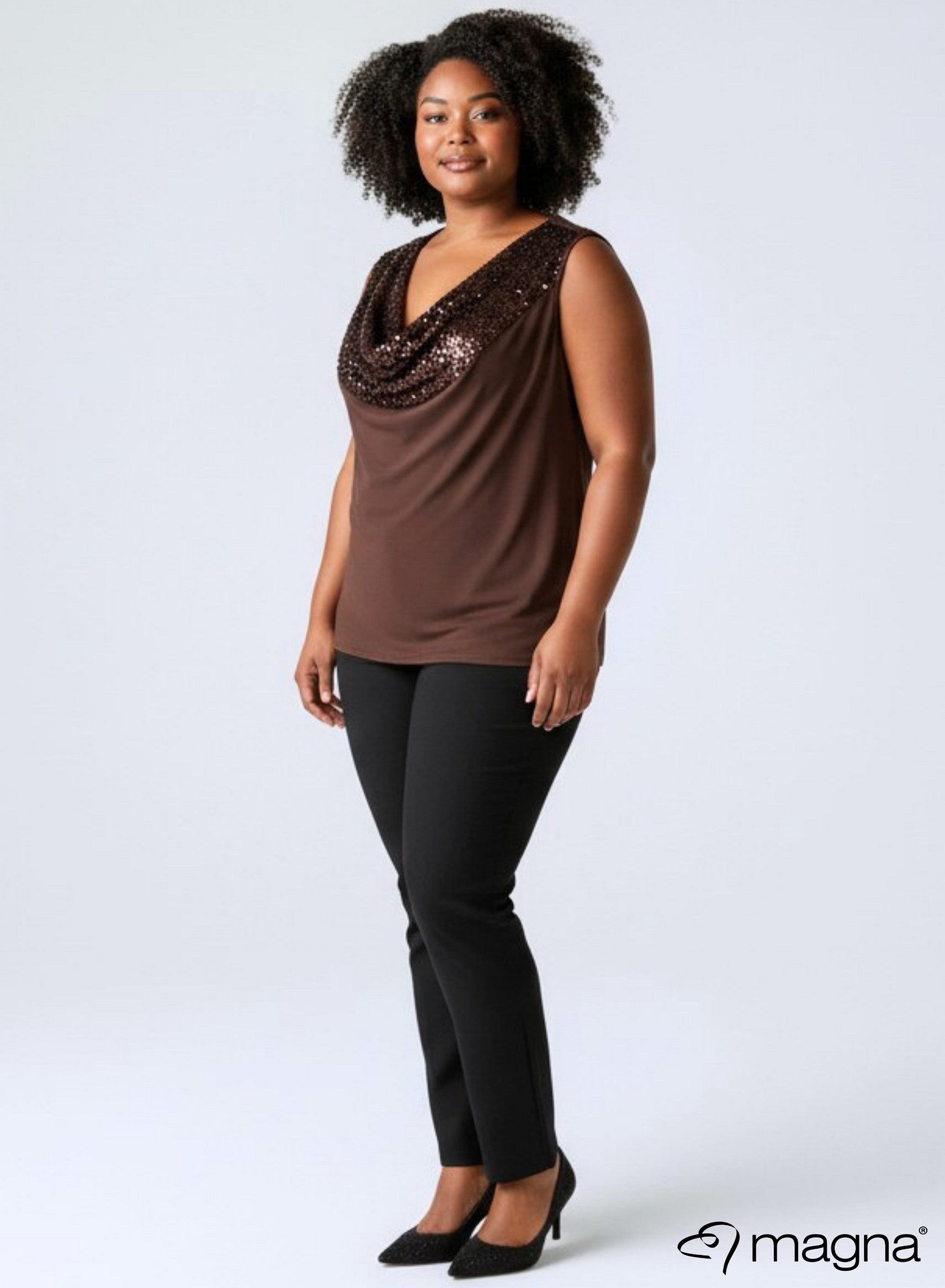 Magna Glitter Sequin Waterfall Top Brown