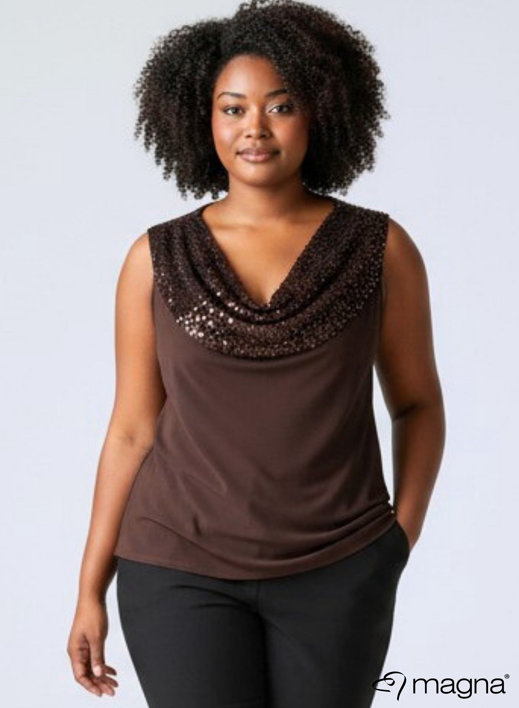 Magna Glitter Sequin Waterfall Top Brown