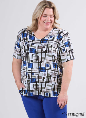 Magna Basic T-shirt Viscose Blauw Wit Vierkantjes