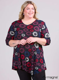 Magna Long Triangle Shirt / Tunic Buzzed Circles Red Navy Plum