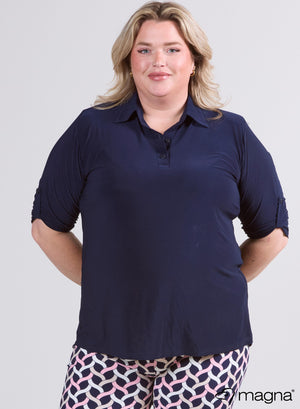 Magna Kurze, einfarbige Bluse, Marineblau