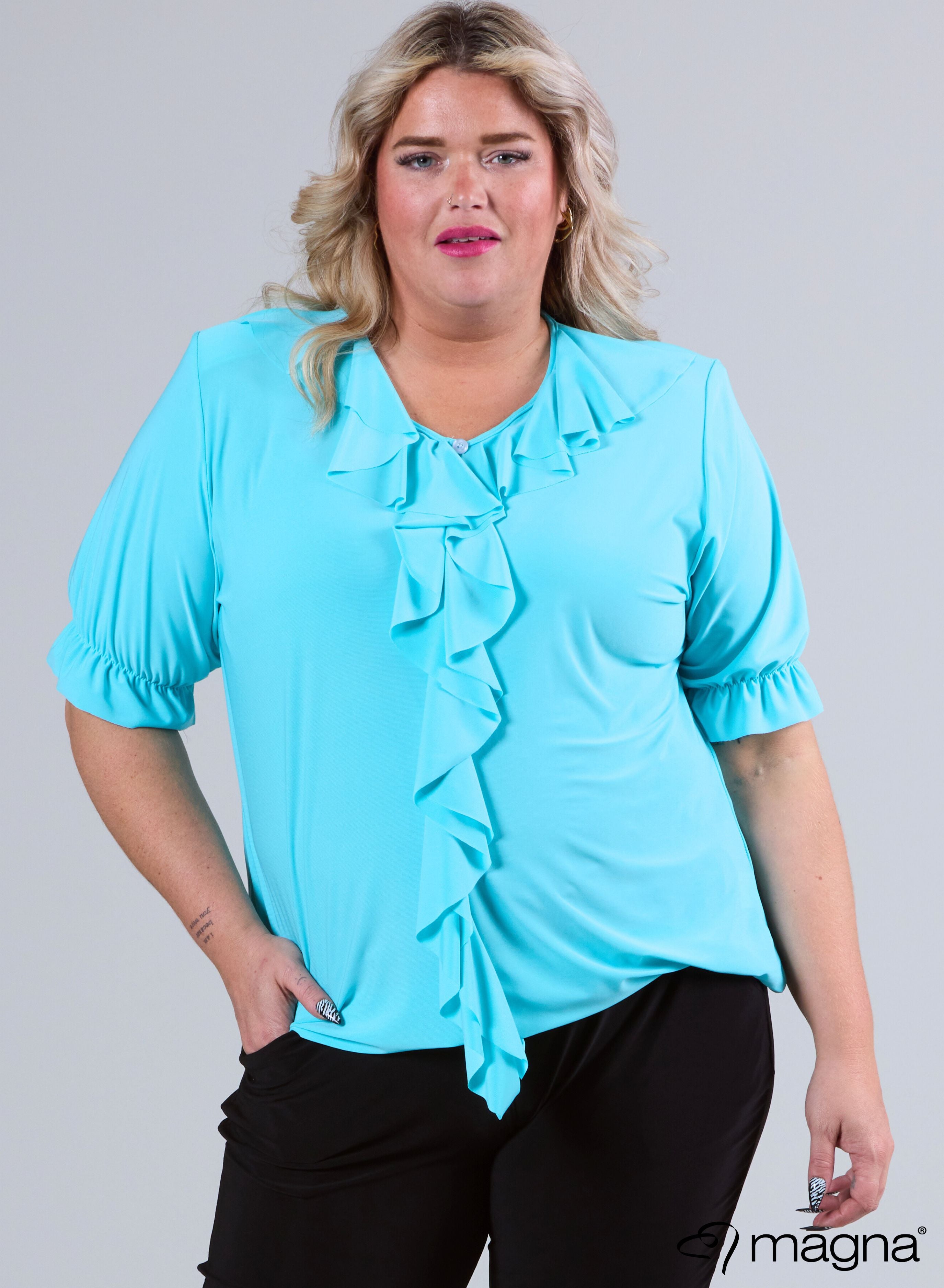 B-2102 - Rüschenhemd Solid Aqua