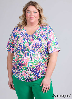 Magna Flowy V-Ausschnitt Shirt Blau Grün Blätter Muster