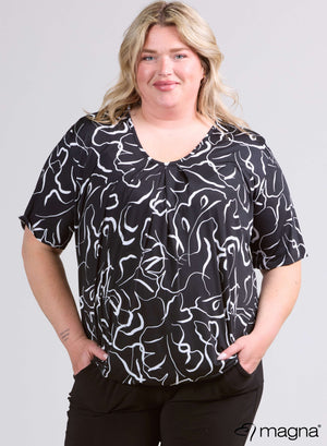 Magna Flowy V-neck Shirt Small Waves Pattern B/W