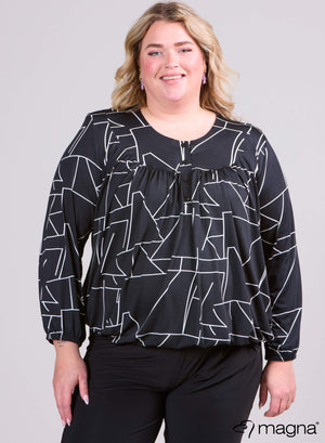 Magna bedrucktes T-Shirt mit Gummibund und geometrischen Linien, Schwarz