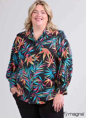 Magna Bluse mit Puffärmeln und Knöpfen, tropische Blätter, Petrolpink