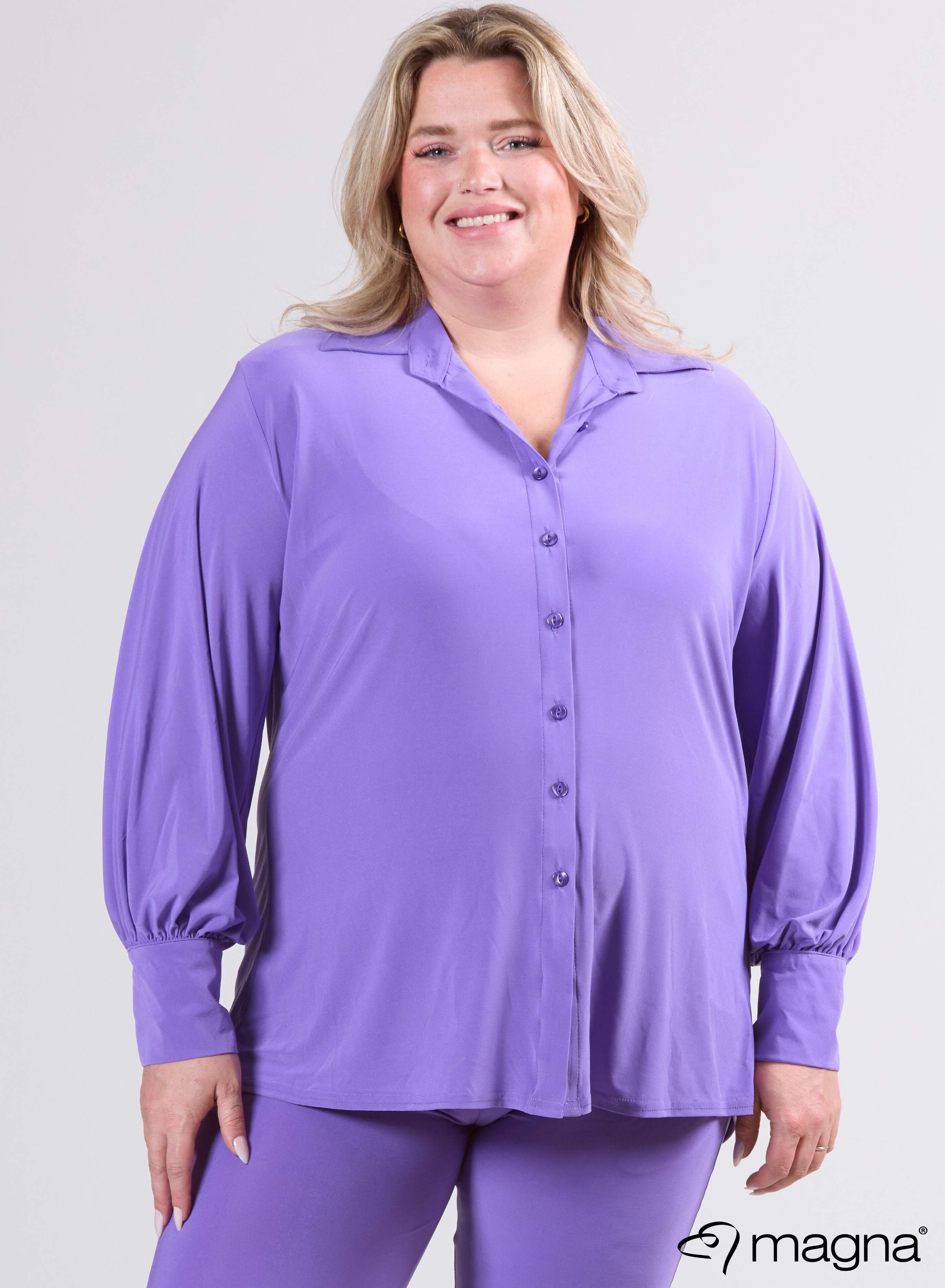 Magna Puffy Sleeve Button Blouse Purple