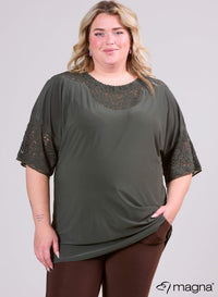 Magna Black Relaxed Lace Detail Shirt Khaki