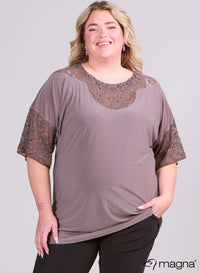 Magna Black Relaxed Lace Detail Shirt Taupe