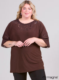 Magna Black Relaxed Lace Detail Shirt Brown