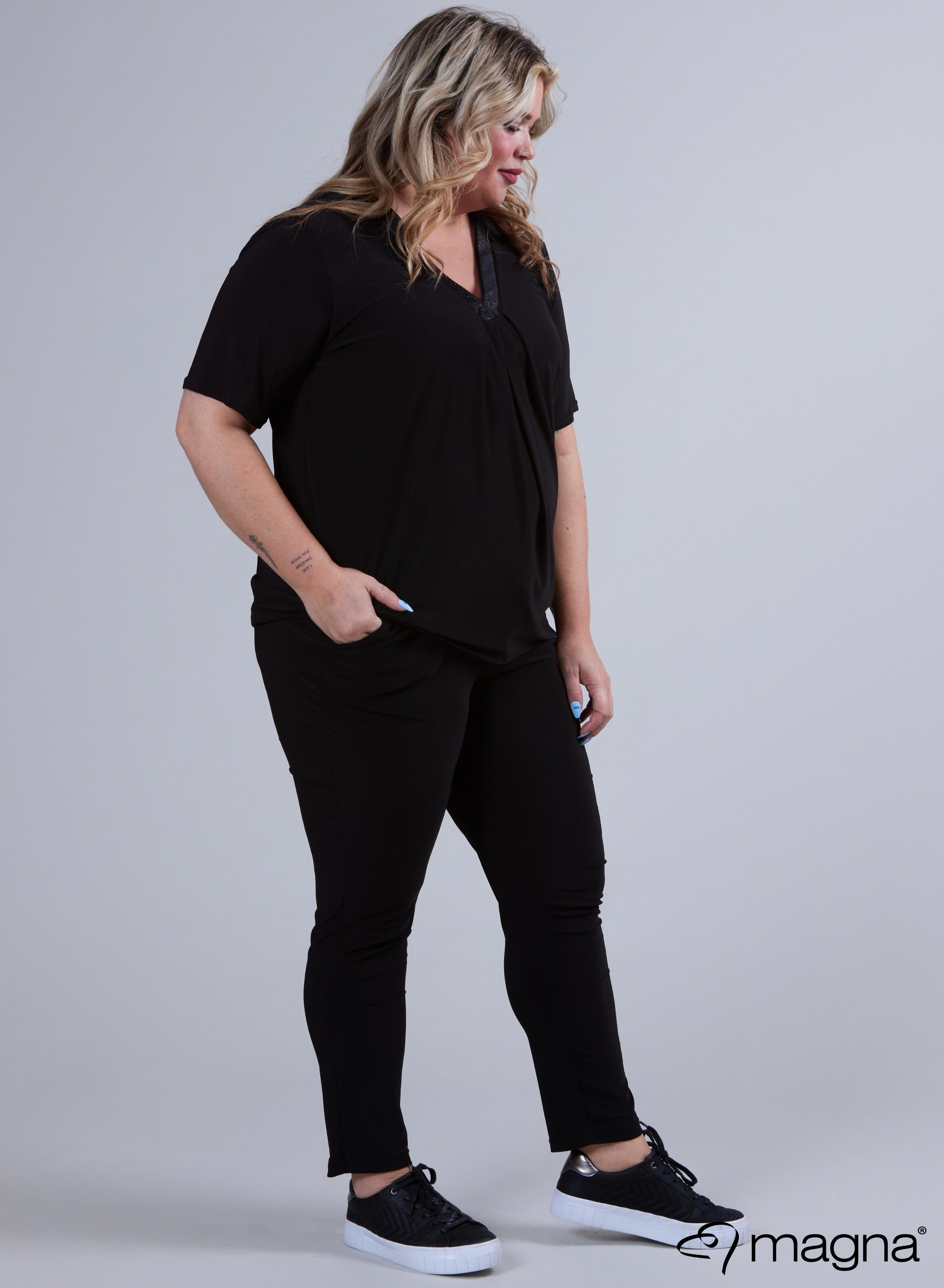 B-2311 - Glitzerndes V-Ausschnitt-Tape-Shirt Schwarz