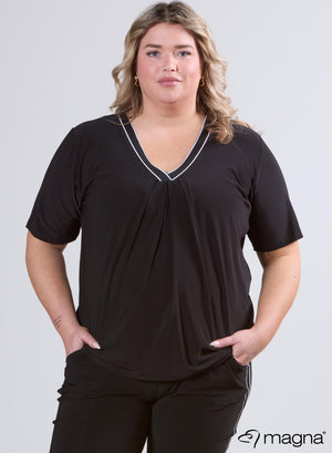 Magna V-Ausschnitt Flowy Tape Shirt Schwarz/Weiß