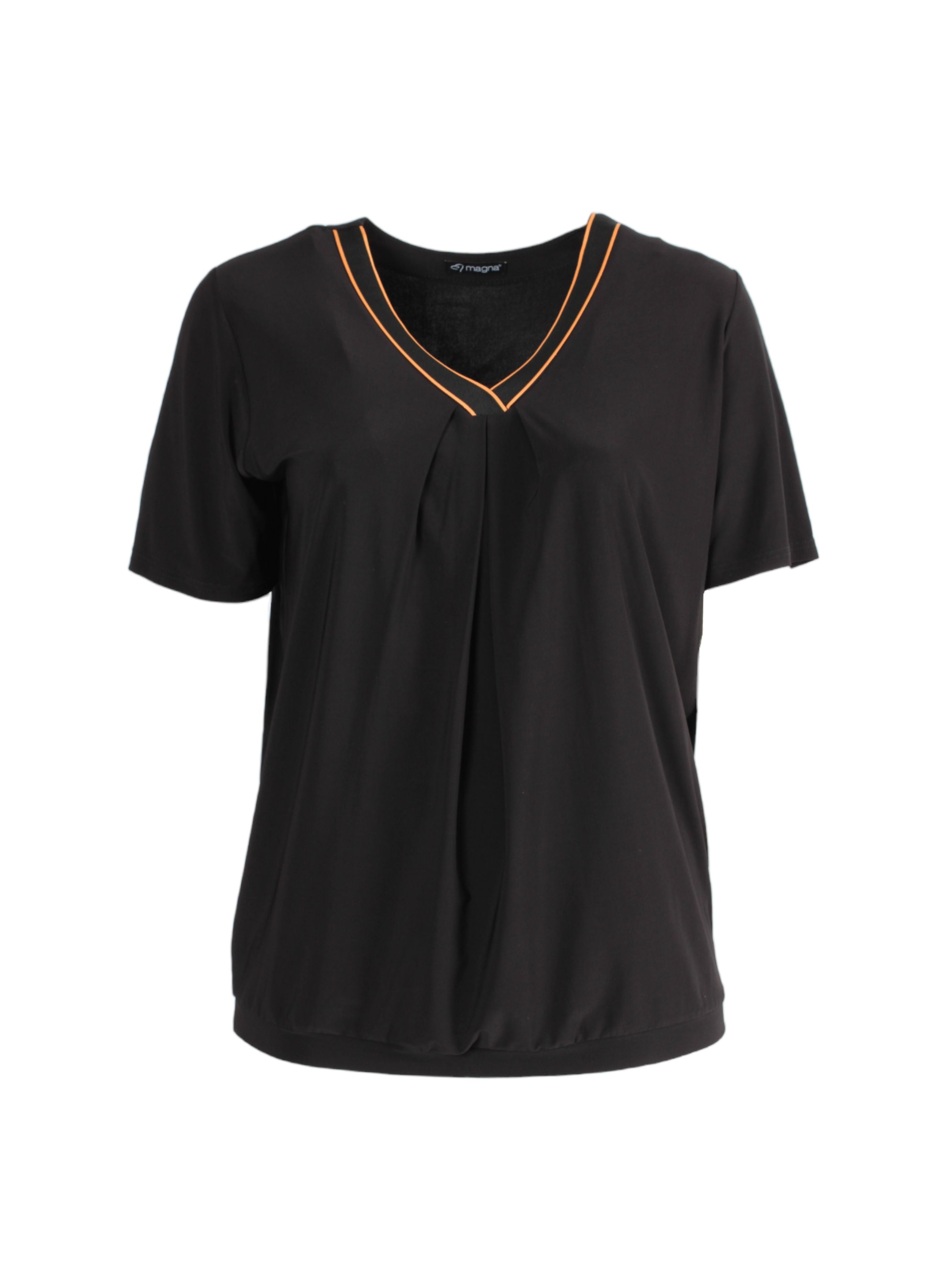 B-2312 - Flowy Tape Shirt mit V-Ausschnitt, Schwarz/Orange