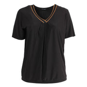 B-2312 - Flowy Tape Shirt mit V-Ausschnitt, Schwarz/Orange