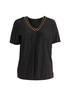 B-2312 - Flowy Tape Shirt mit V-Ausschnitt, Schwarz/Orange