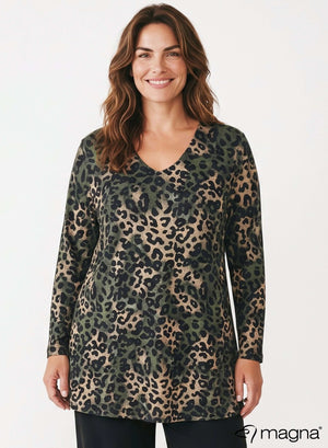 Magna Heavy Viskose Langes A-Linien-Shirt Leopard Grün