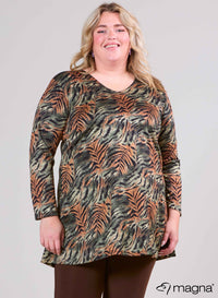 Magna Heavy Vicose Long Aline Shirt Animal Leaf Rust Green