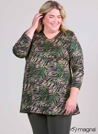 Magna Heavy Vicose Long Aline Shirt Animal Leaf Green Taupe