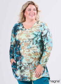 Magna Tuniek met Lange Mouwen van Mesh A-lijn Fall Leaves Petrolblauw