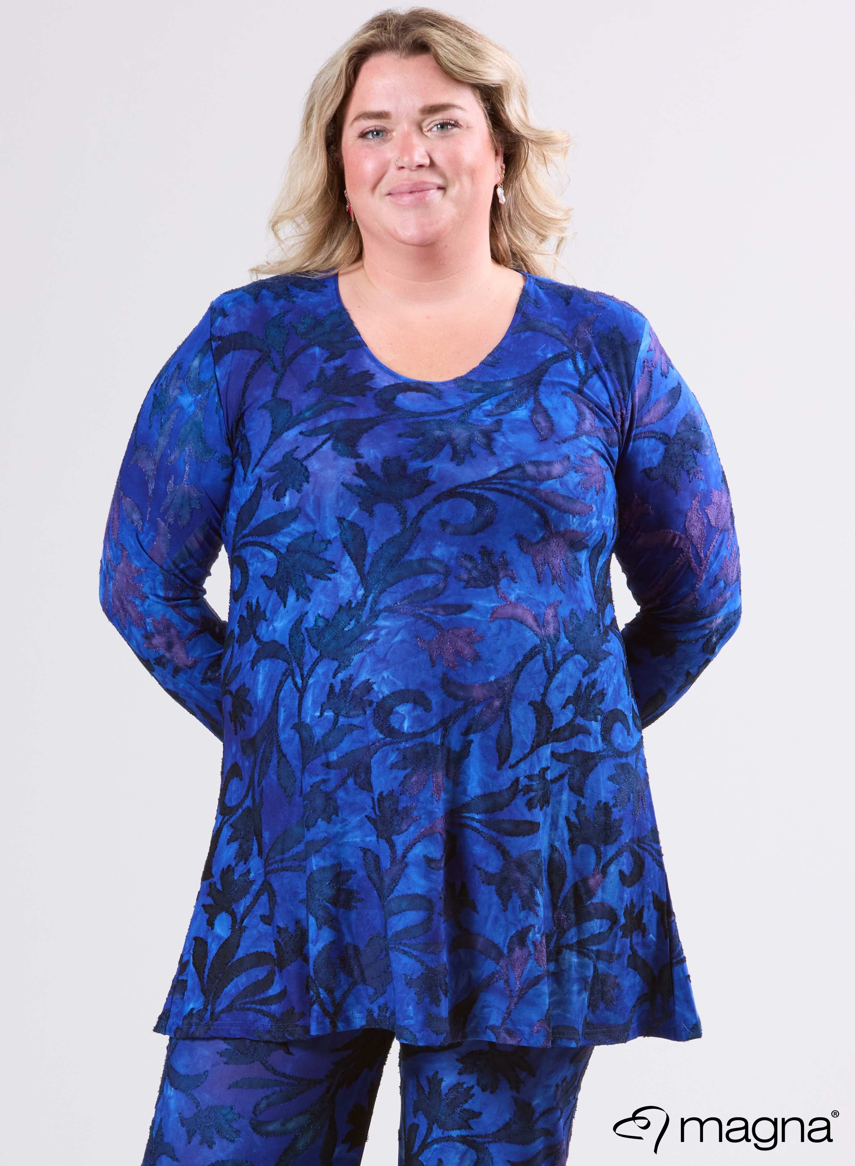 Magna Tuniek met Lange Mouwen van Mesh A-lijn Fall Leaves Koningsblauw