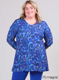 Magna Heavy Vicose Long Aline Shirt Navy Blue Dark Flower