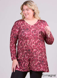 Magna Long Sleeve A-Line Tunic Wine Red Dark Flower