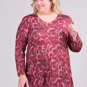 Magna Long Sleeve A-Line Tunic Wine Red Dark Flower