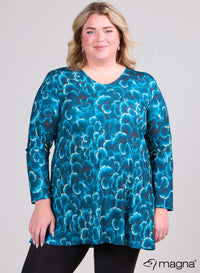 Magna Long Sleeve A-Line Tunic Petrol Dark Flower