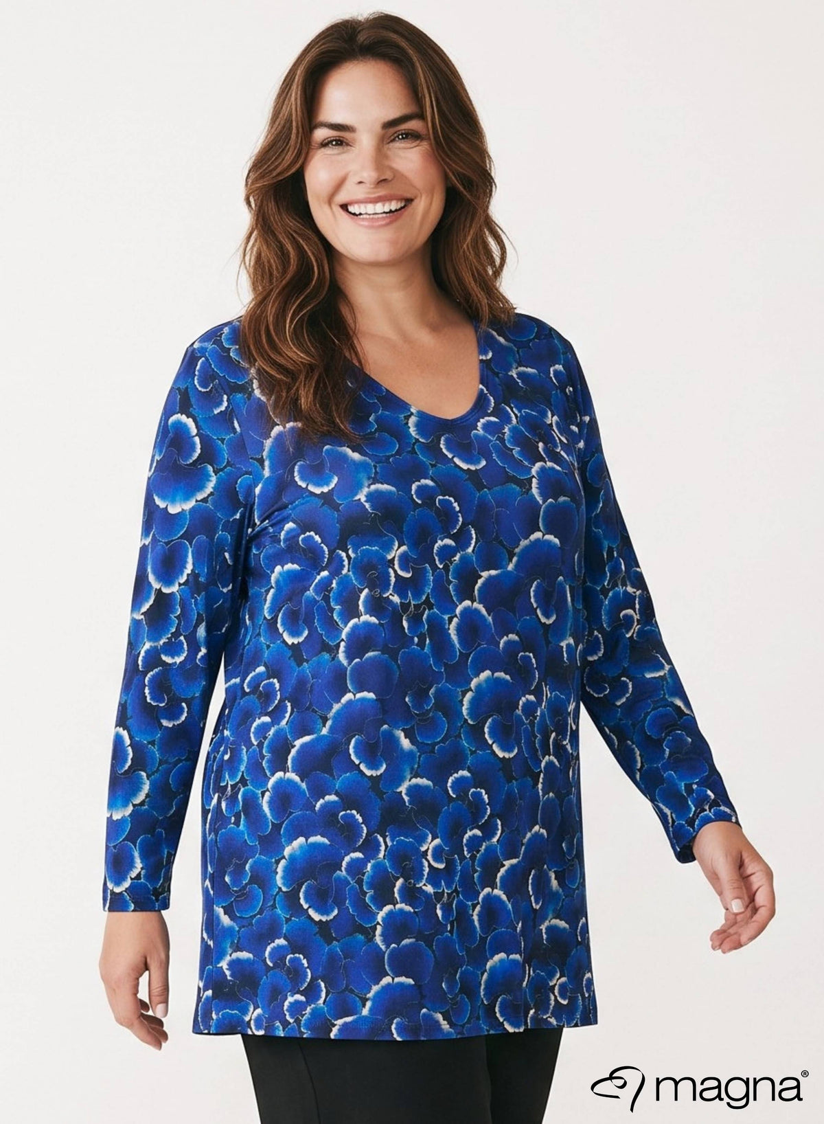 Magna Long Sleeve A-Line Tunic Royal Blue Dark Flower