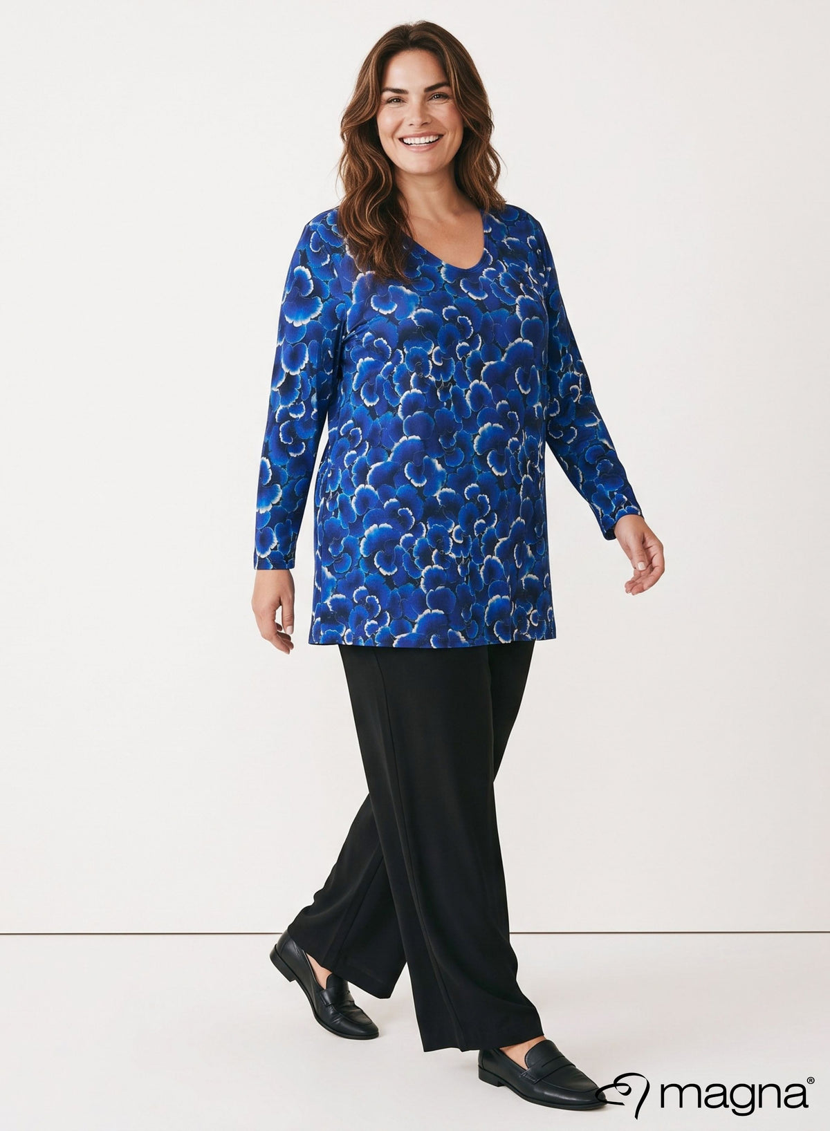 Magna Long Sleeve A-Line Tunic Royal Blue Dark Flower