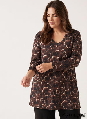 Magna Long Sleeve A-Line Tunic Brown Dark Flower