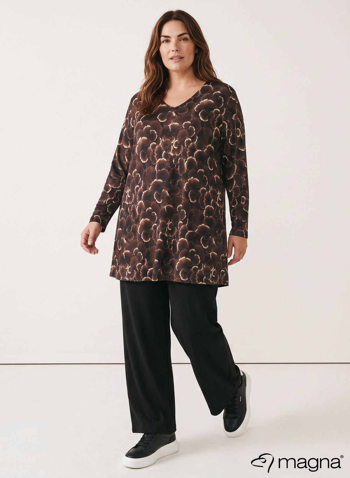 Magna Long Sleeve A-Line Tunic Brown Dark Flower