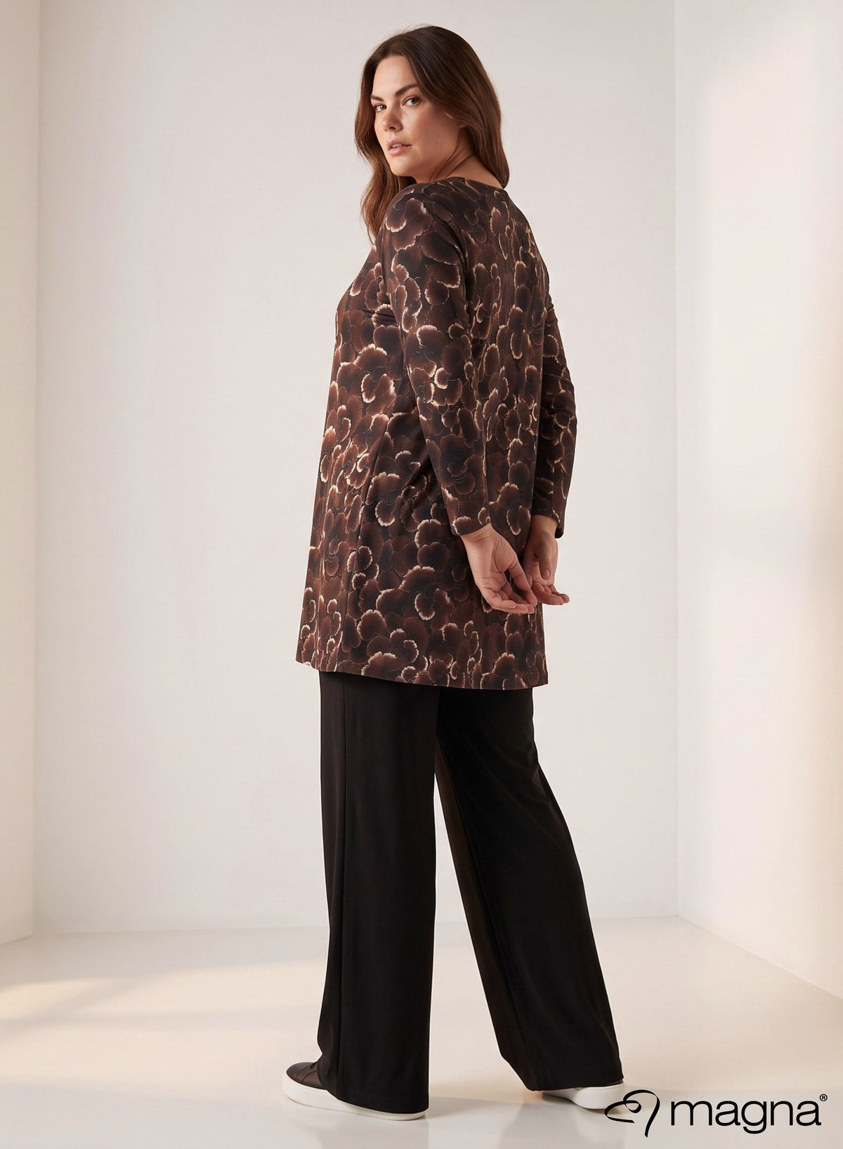 Magna Long Sleeve A-Line Tunic Brown Dark Flower