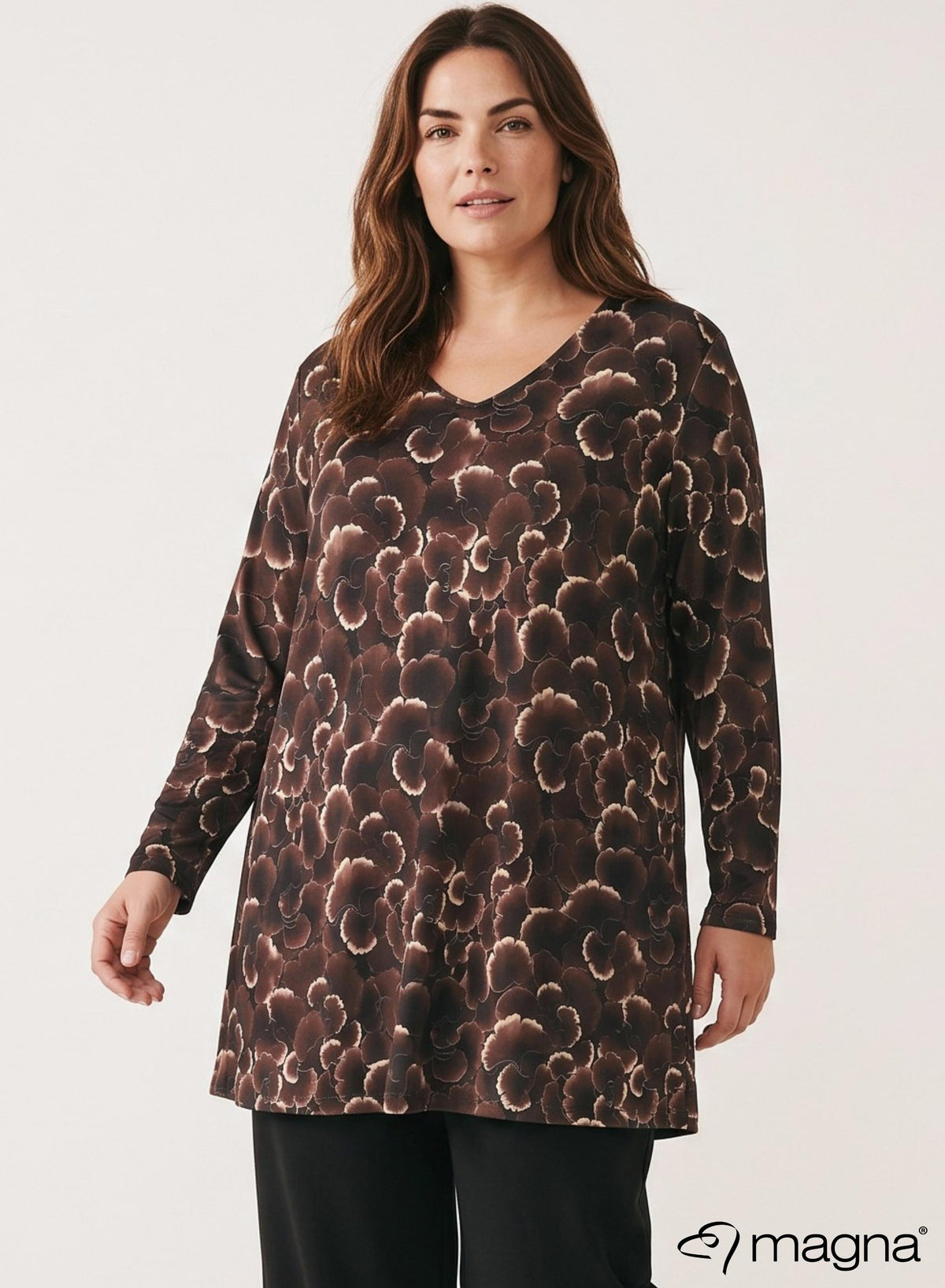 Magna Long Sleeve A-Line Tunic Brown Dark Flower