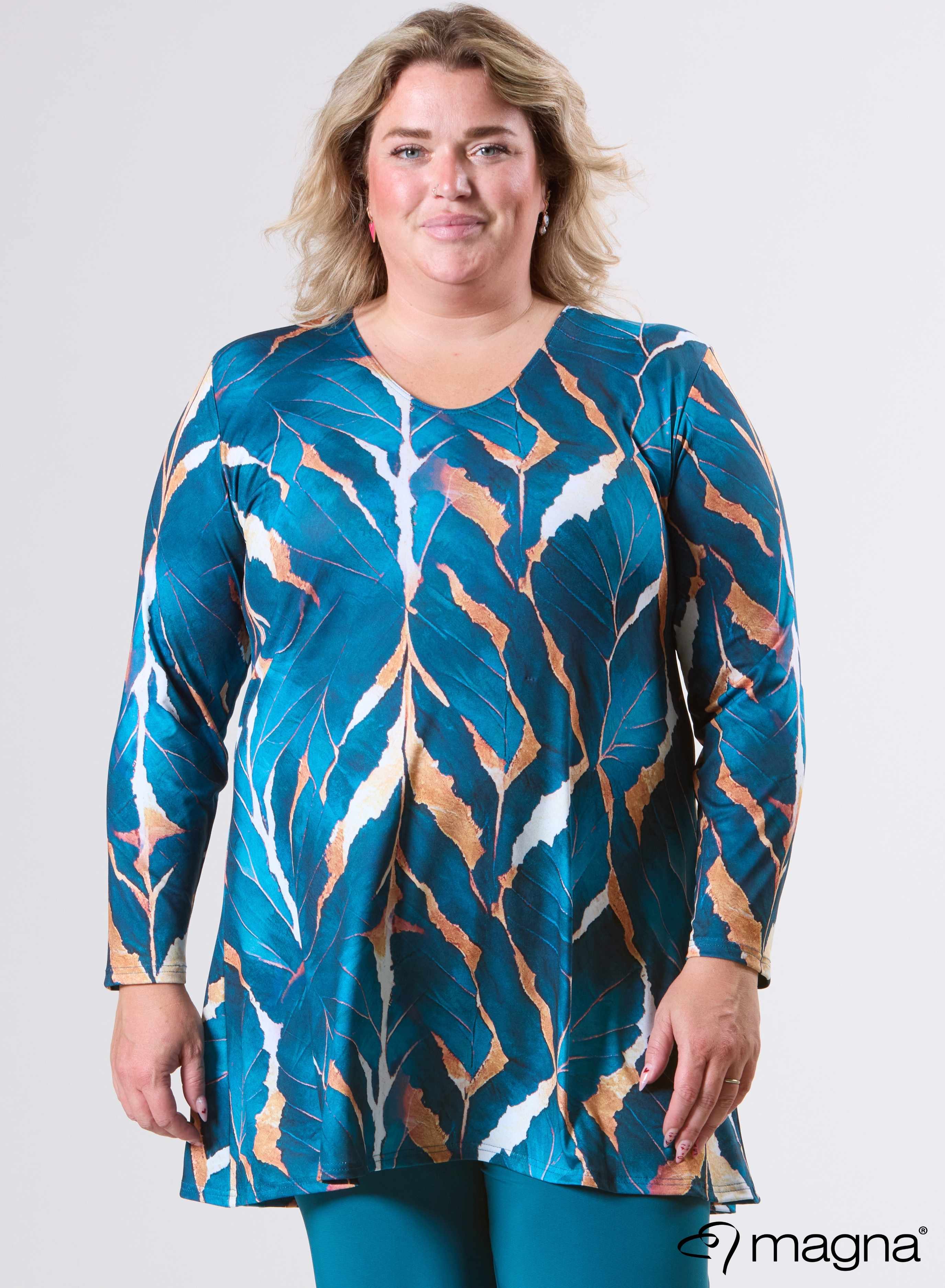 Magna Tuniek met Lange Mouwen A-lijn Autumn Leaves Petrolblauw