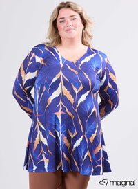 Magna Tuniek met Lange Mouwen A-lijn Autumn Leaves Camel/Blauw