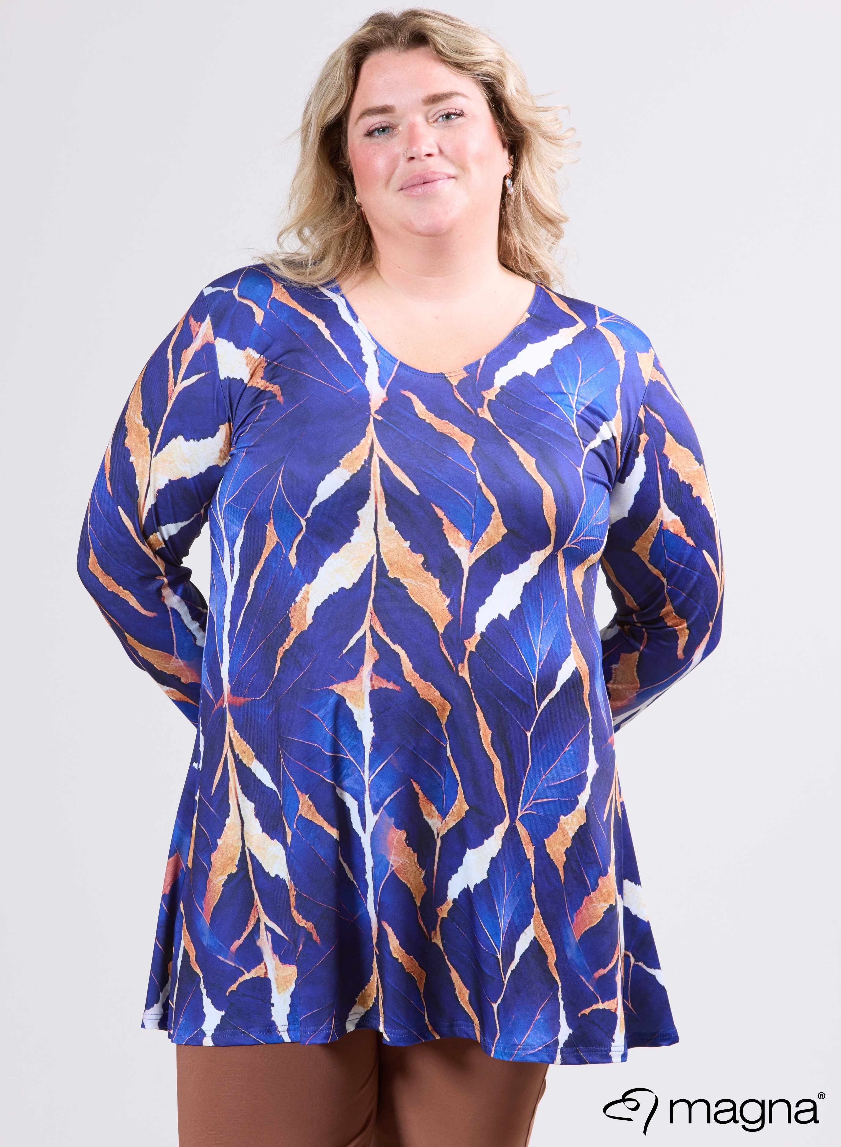 Magna Tuniek met Lange Mouwen A-lijn Autumn Leaves Camel/Blauw