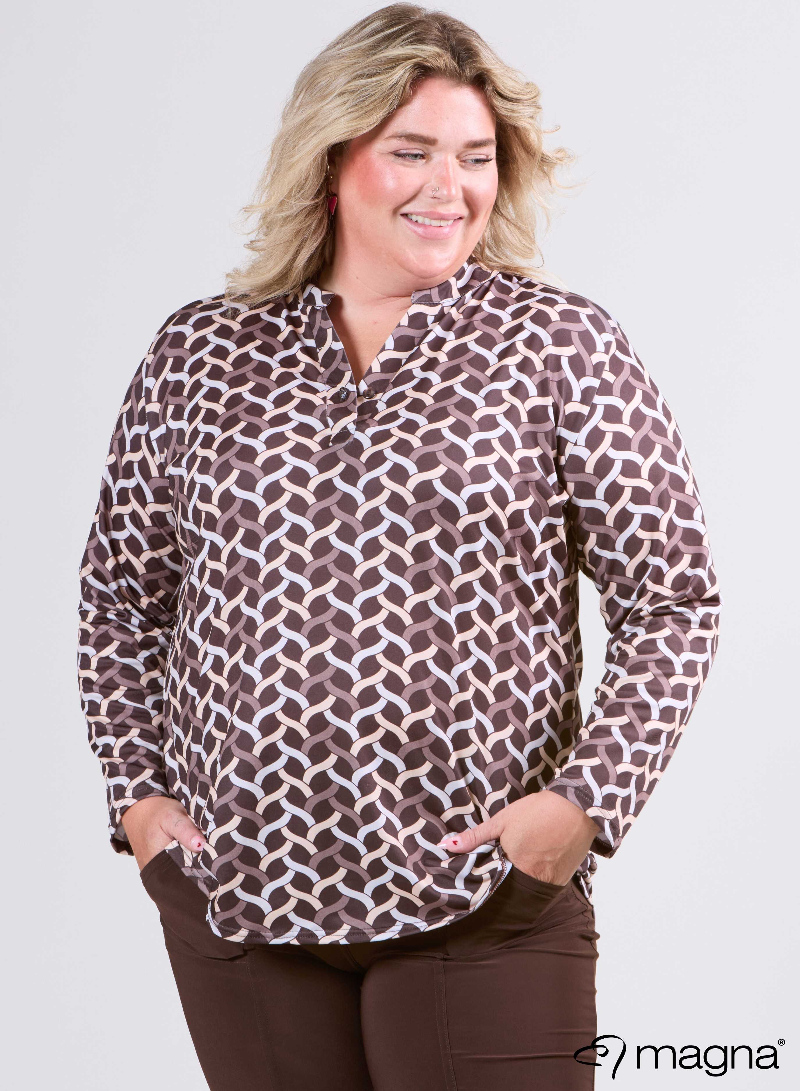 Magna Top met Lange Mouwen Woven Design Bruin
