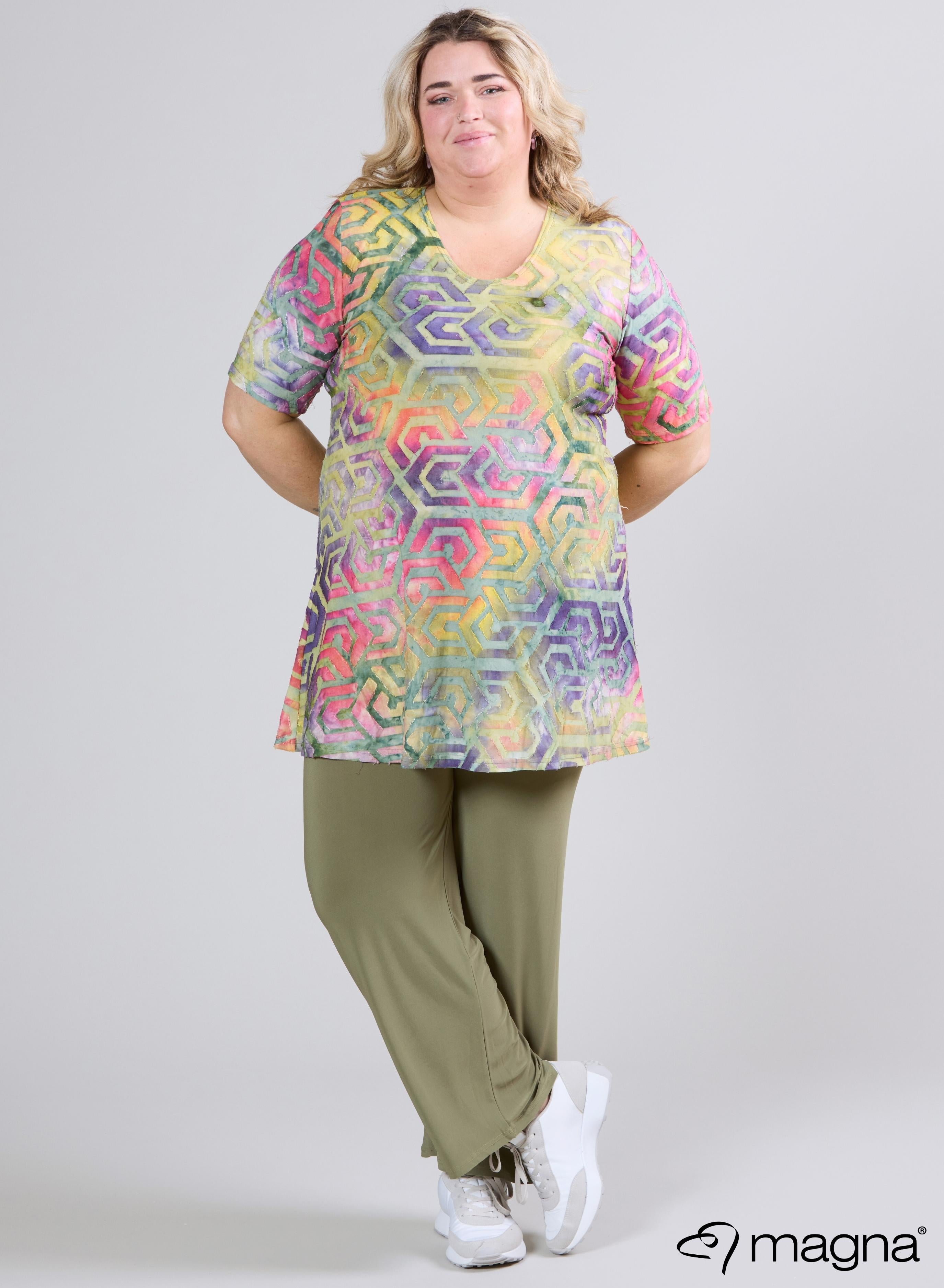 Magna Mesh Aline Short Sleeve Shirt / Tunic Maze Design Yellow Green